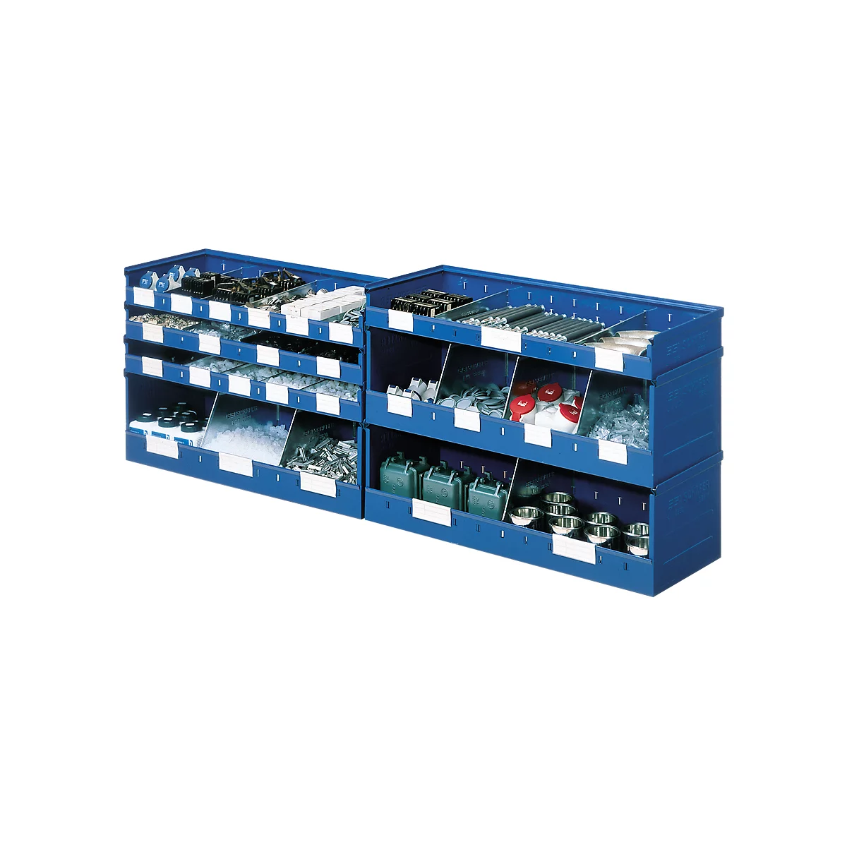 Blue storage boxes with various small parts in compartments. White labels on the boxes.