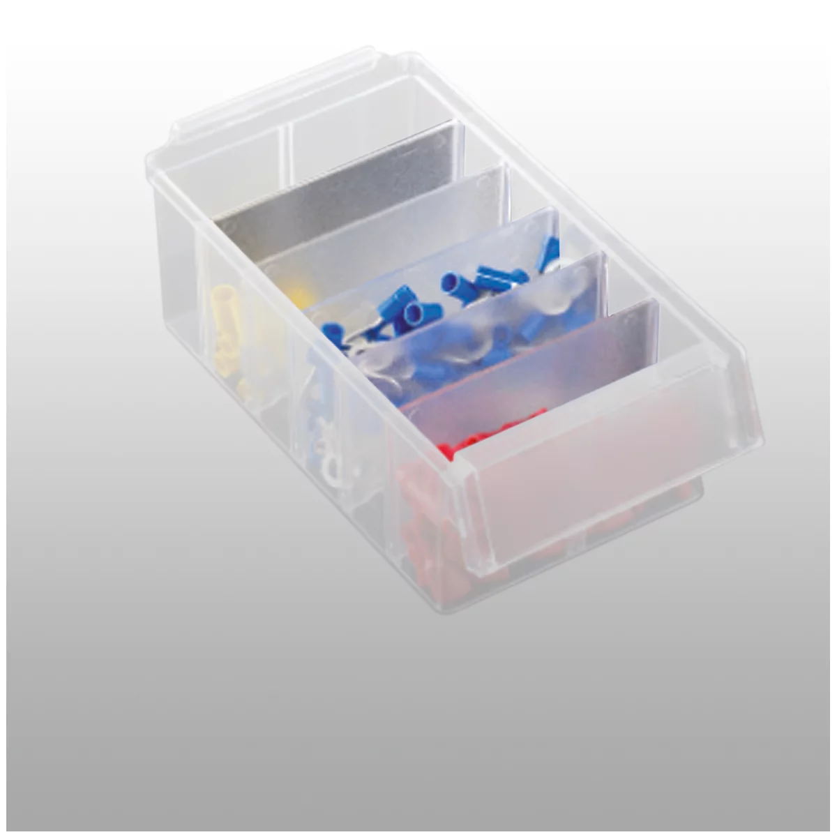 Transparent plastic box with several compartments filled with various electrical connectors in blue, yellow, and red.