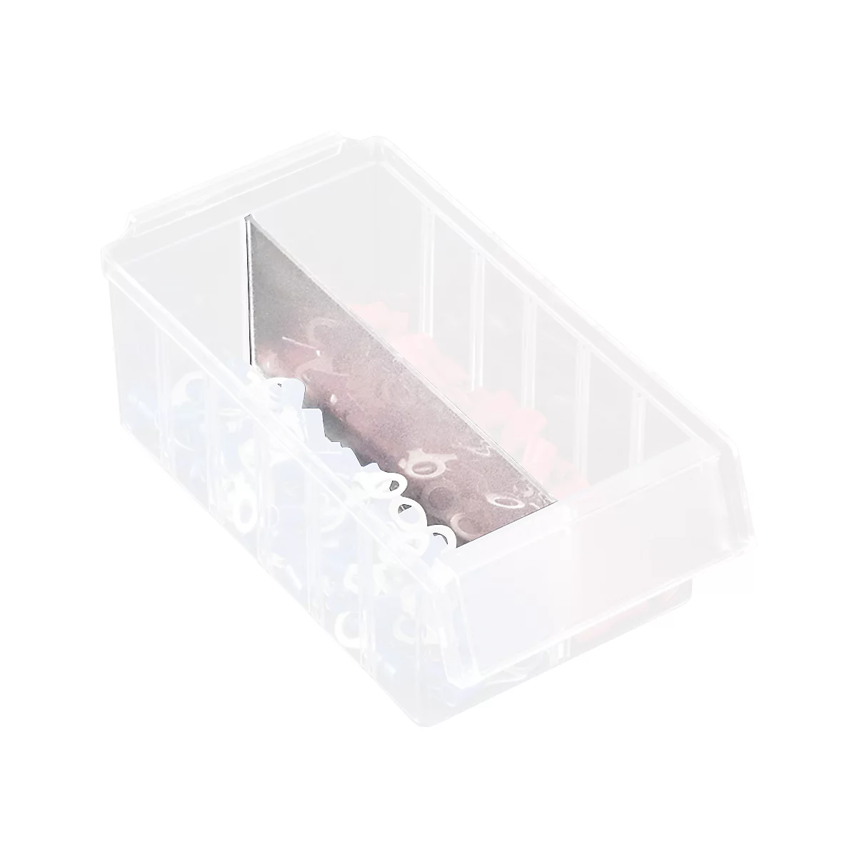 Transparent plastic box with dividers and small parts. The box is photographed slightly at an angle from above.