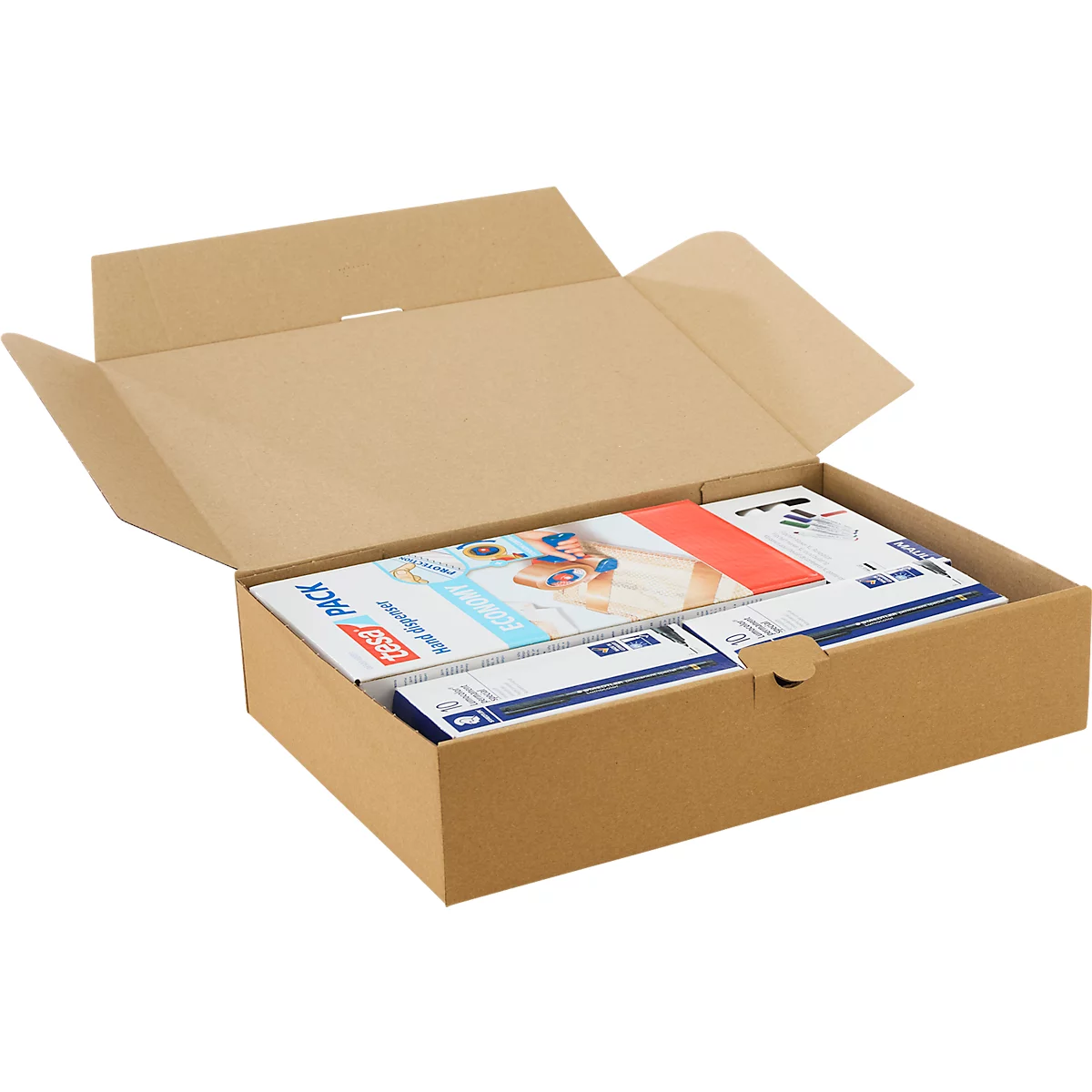 Geöffneter Versandkarton aus brauner Wellpappe mit innenliegenden Produktverpackungen.