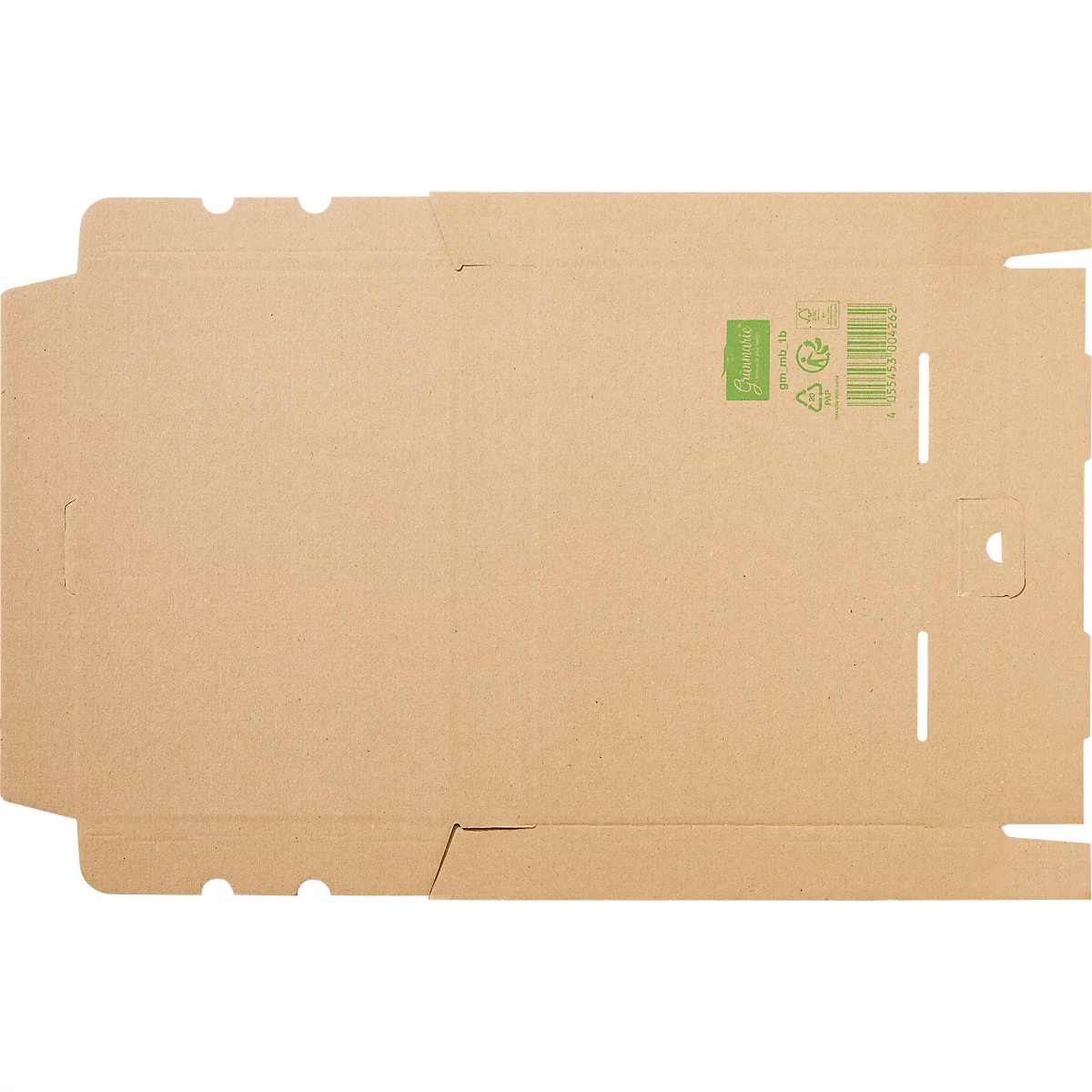 Flach ausgebreiteter Versandkarton aus brauner Wellpappe mit grünem Druck.