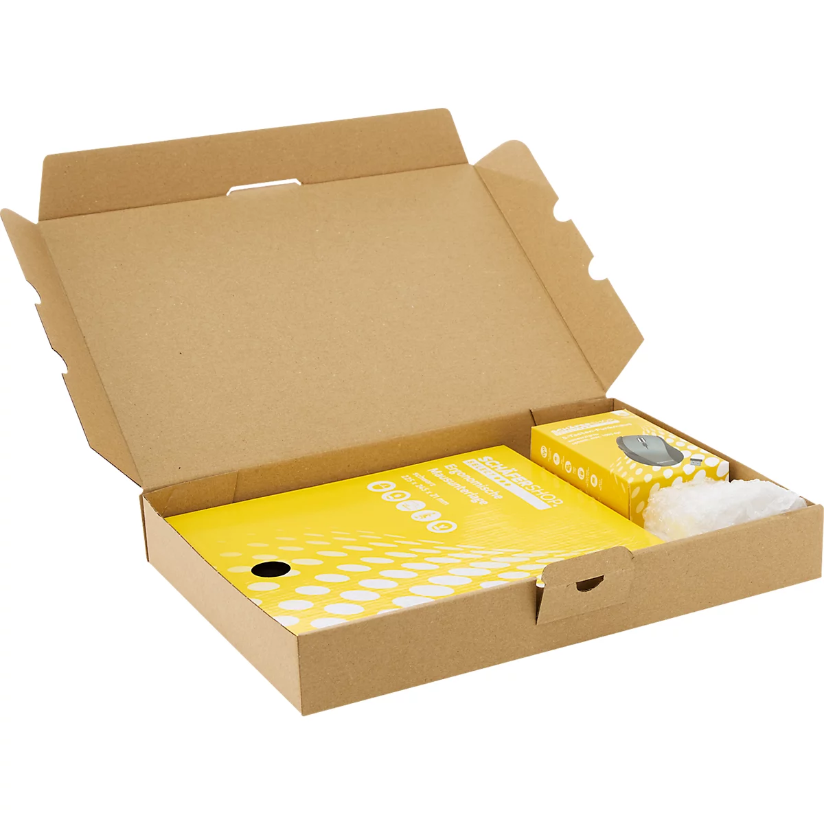 Geöffnete flache Pappschachtel mit gelbem Produktkarton und einer Maus-Verpackung innen.