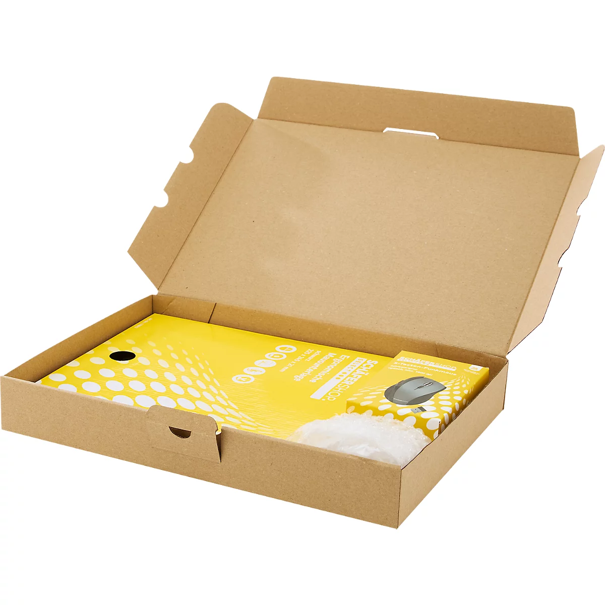Geöffnete Versandverpackung aus braunem Karton mit gelb verpacktem Inhalt und einer Maus.