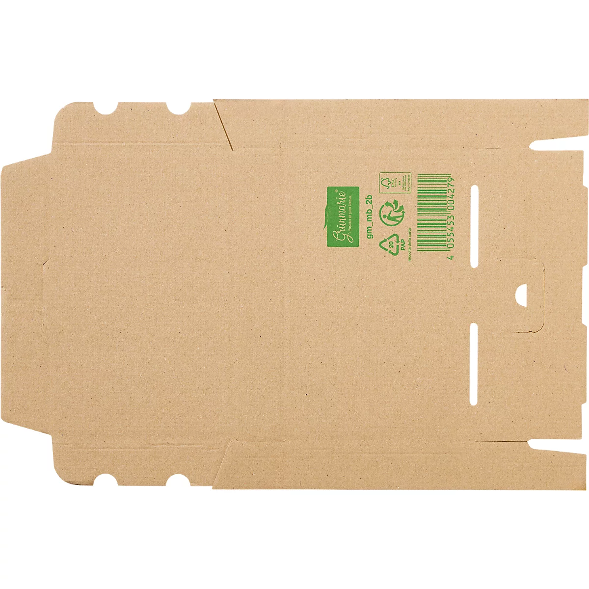 Flach ausgebreiteter, brauner Karton-Zuschnitt aus Wellpappe mit grünem Aufdruck und Barcode.