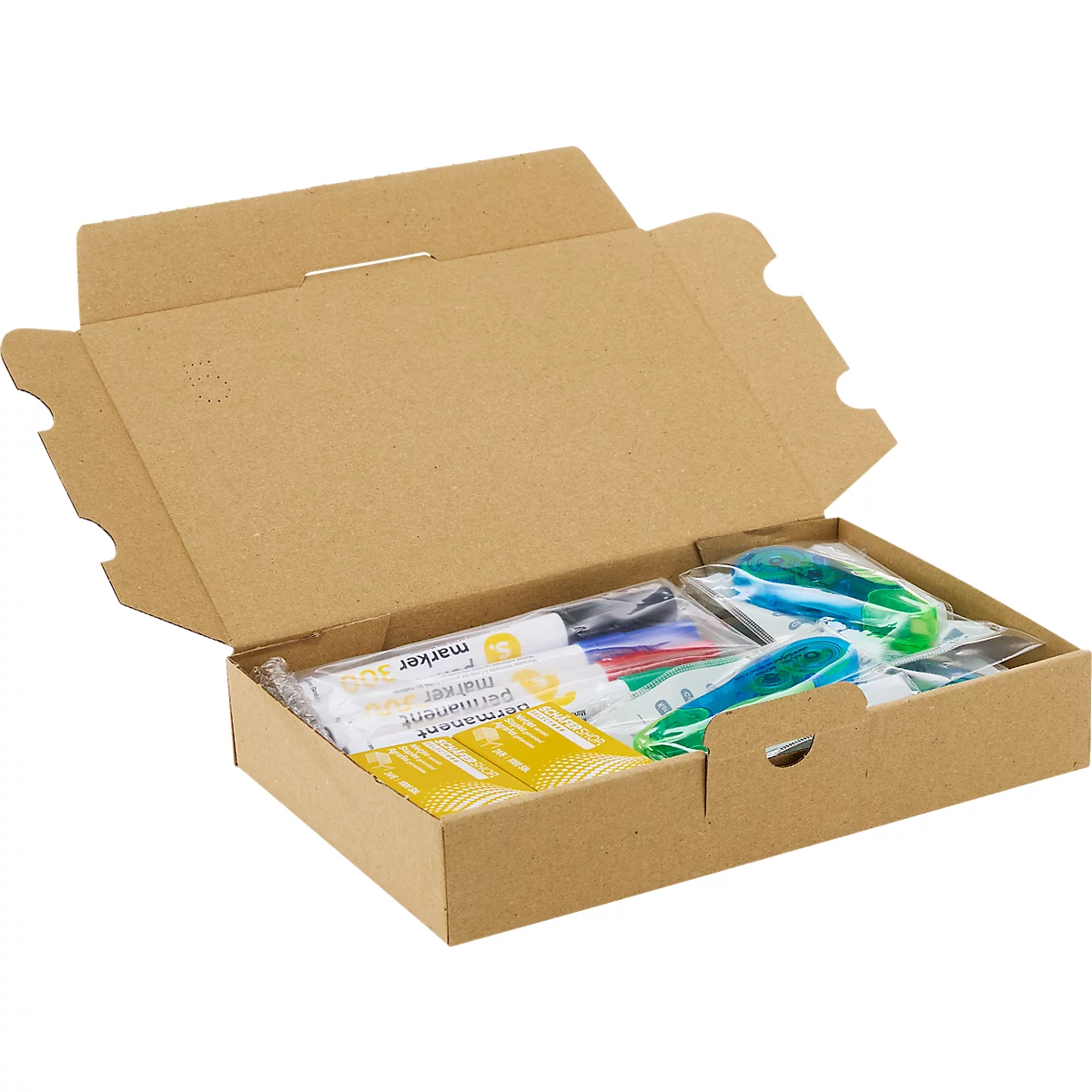Offene braune Pappschachtel mit Permanentmarkern und Textmarkern in durchsichtigen Folienverpackungen.