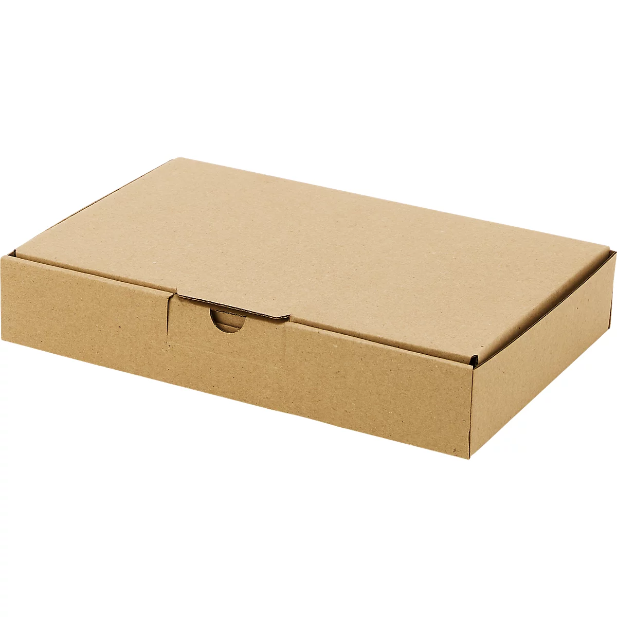 Flacher, rechteckiger Karton aus brauner Wellpappe mit Verschlusslasche.