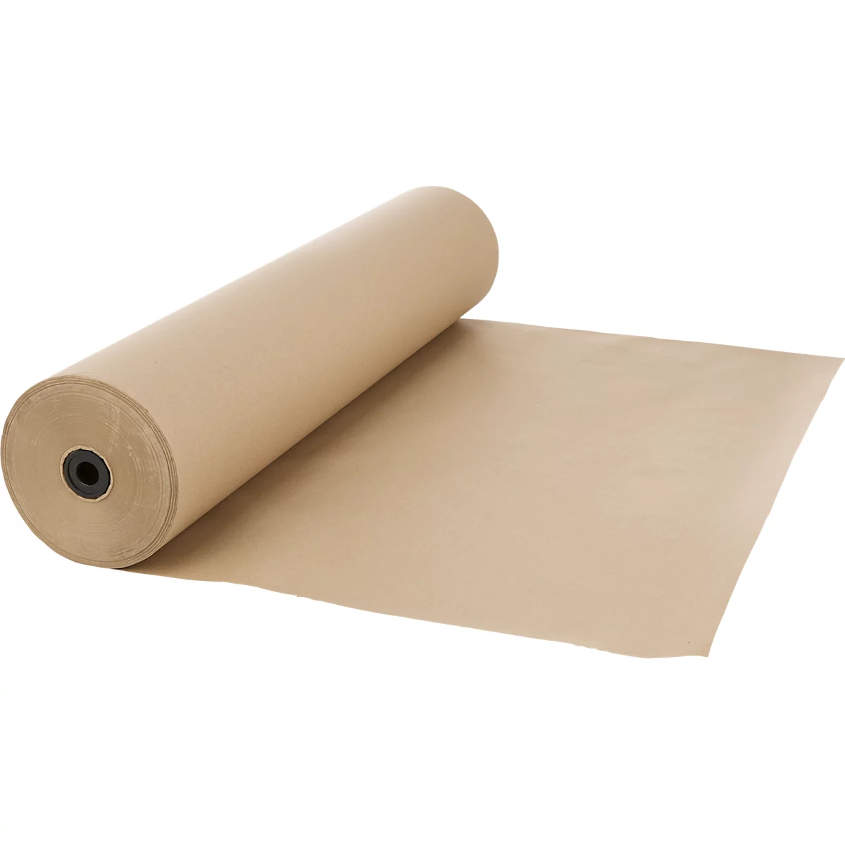 Eine Rolle hellbraunes Packpapier, teilweise ausgerollt auf weißem Hintergrund.