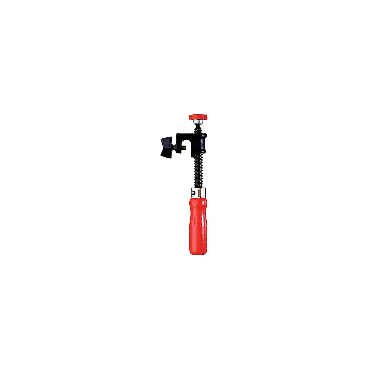 Un serre-joint avec une poignée rouge et une tête rouge.
