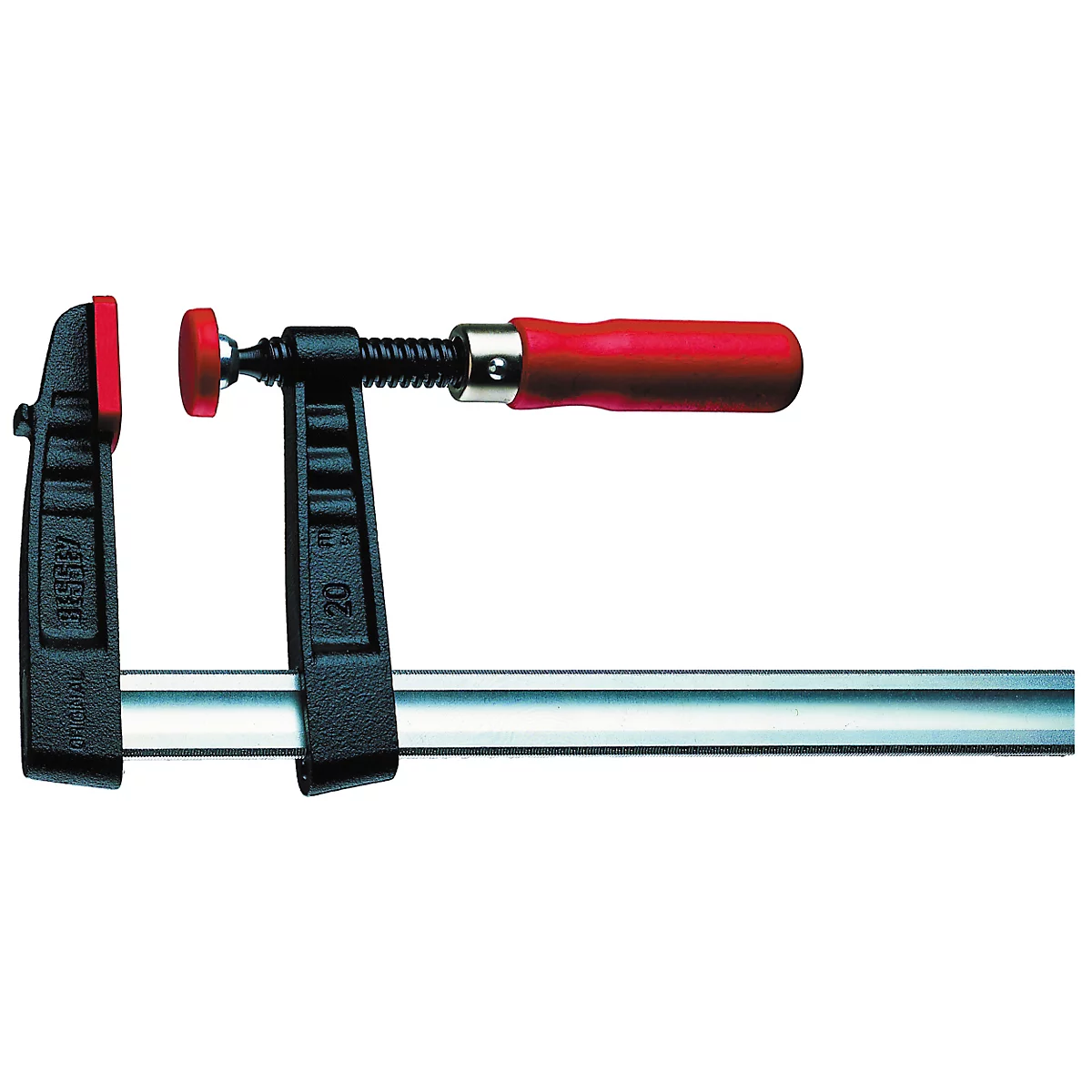 Serre-joint avec poignée rouge et surface d'appui rouge. Cadre noir, barre argentée.