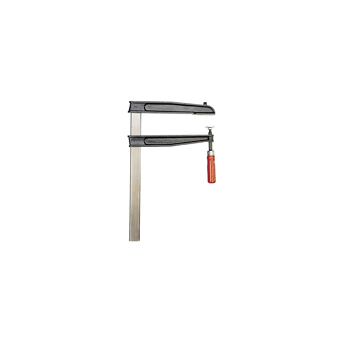 Serre-joint à vis, noir avec poignée rouge, sur fond clair.