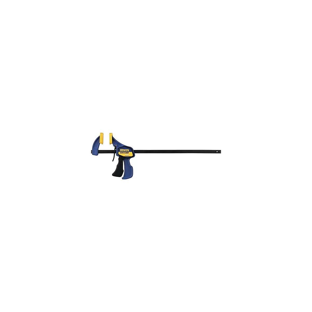 Une pince avec une poignée bleue et jaune et un support noir. La poignée indique "IRWIN QUICK-GRIP".