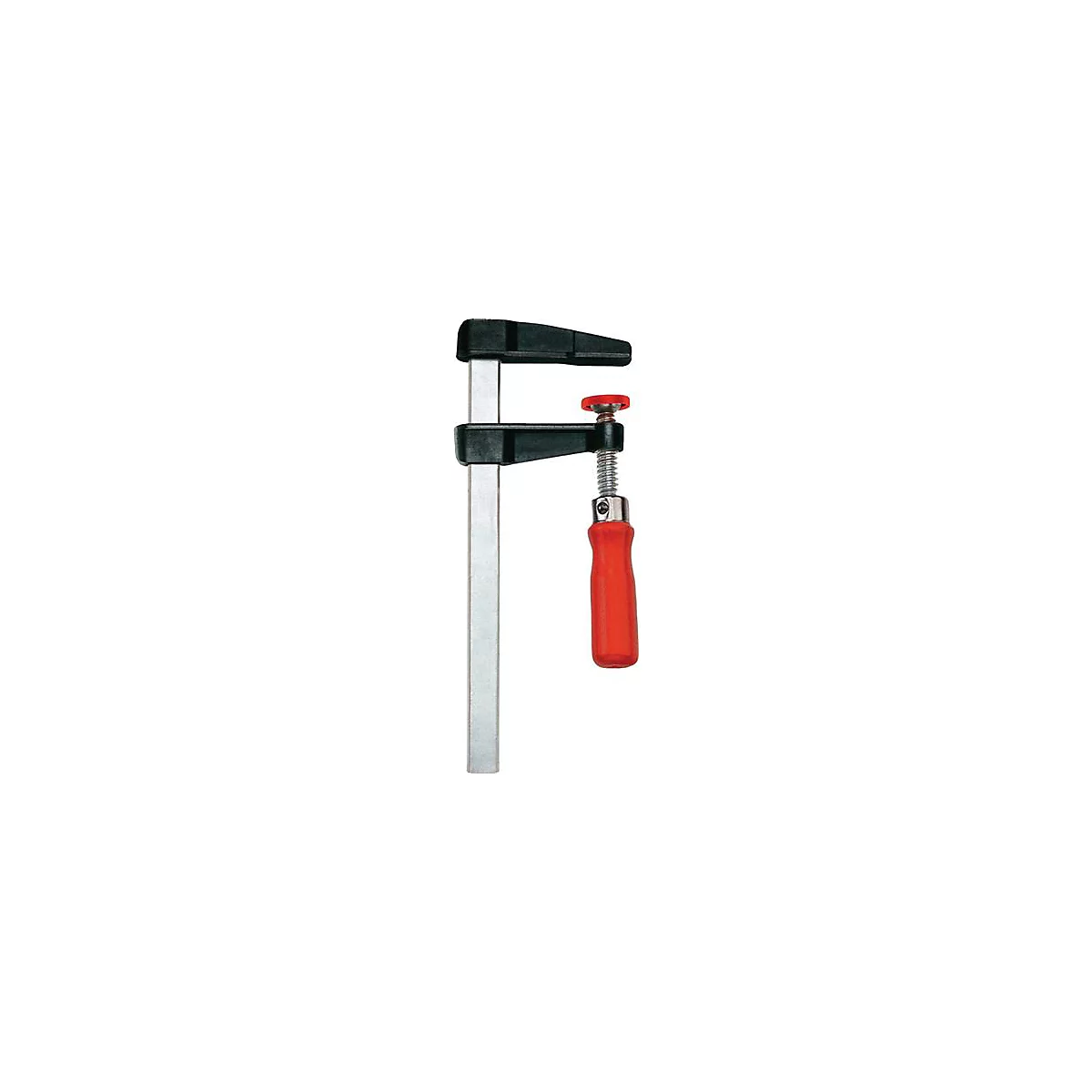 Une pince, noire-argentée avec une poignée rouge. Pour serrer des pièces.
