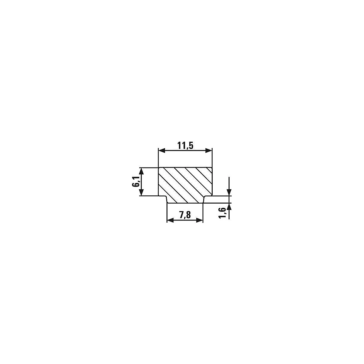 Dessin technique d'un composant rectangulaire avec hachures diagonales et dimensions en noir sur fond blanc.