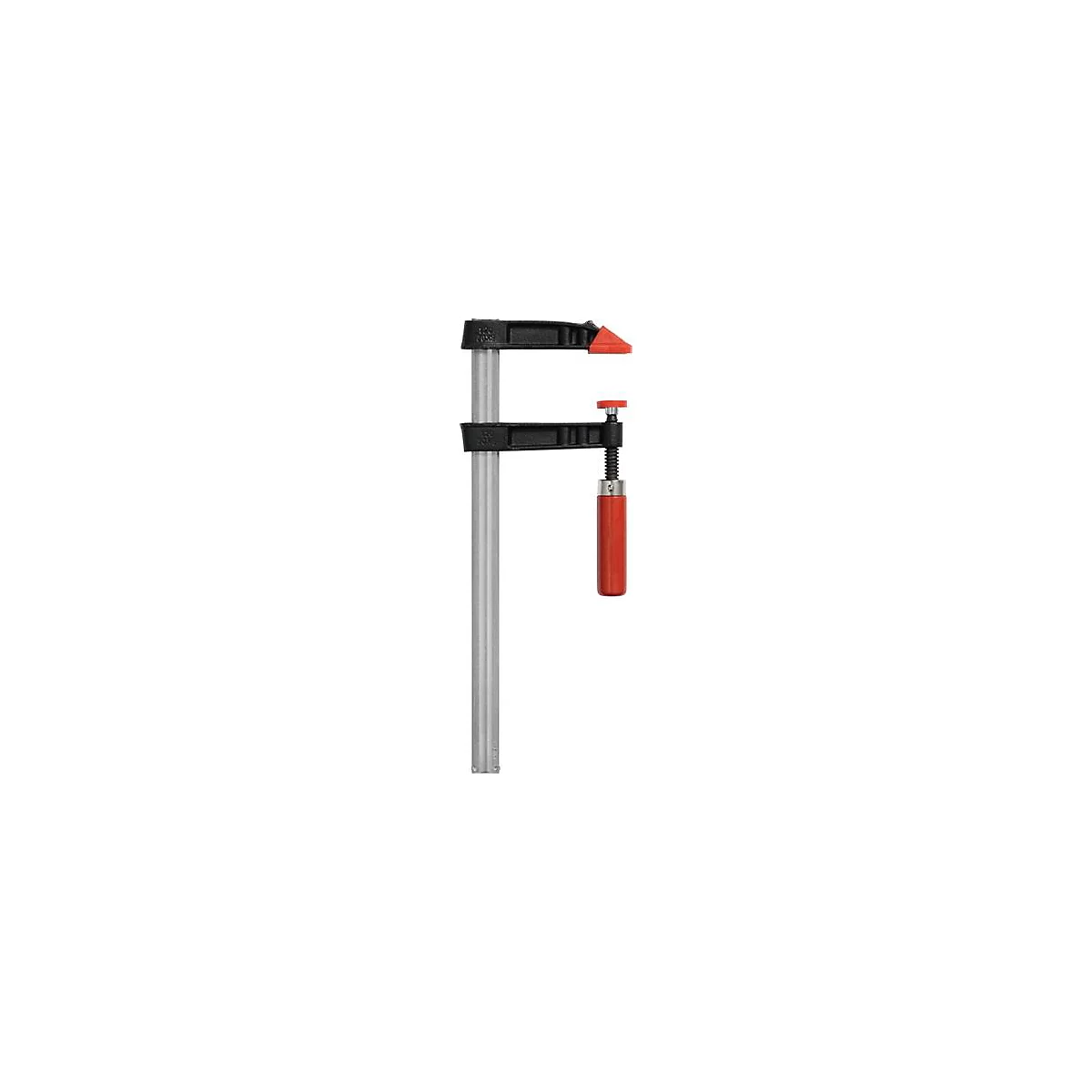 Un serre-joint avec un cadre noir, une barre argentée et des poignées et embouts rouges.