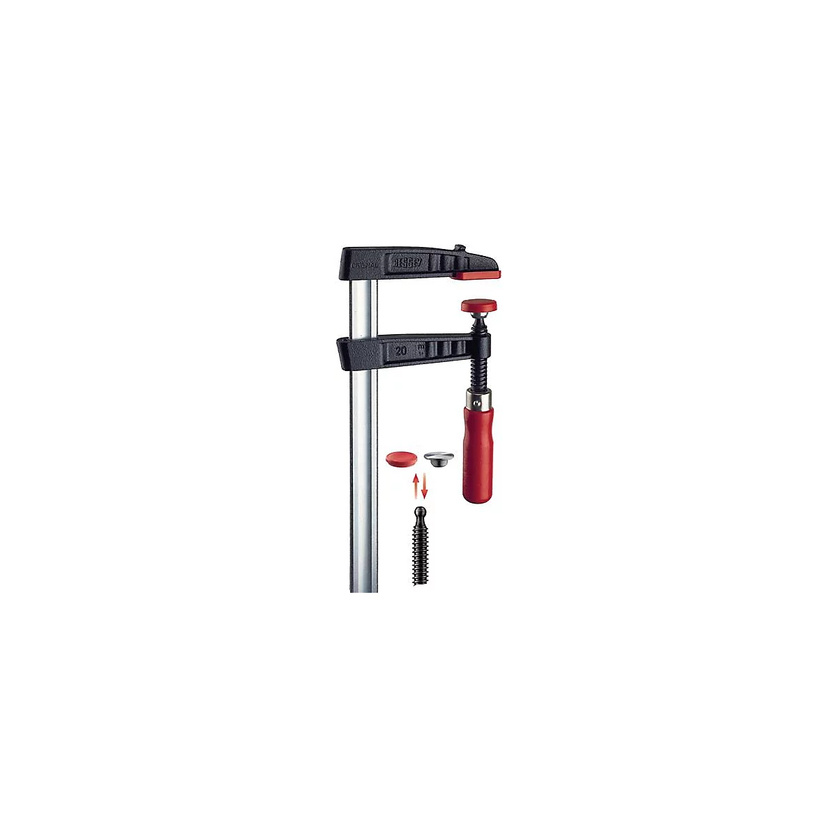 Un serre-joint, noir avec des détails rouges, des pièces sont montrées à côté.