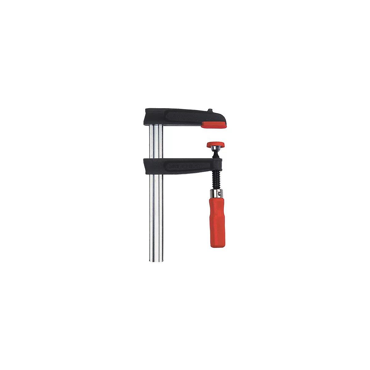 Serre-joint noir avec poignée rouge et capuchon de protection rouge sur une barre argentée.