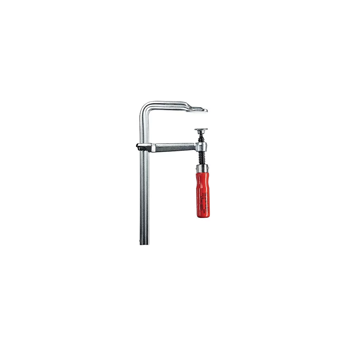 Serre-joint en acier avec poignée rouge. L'outil est utilisé pour serrer les pièces.