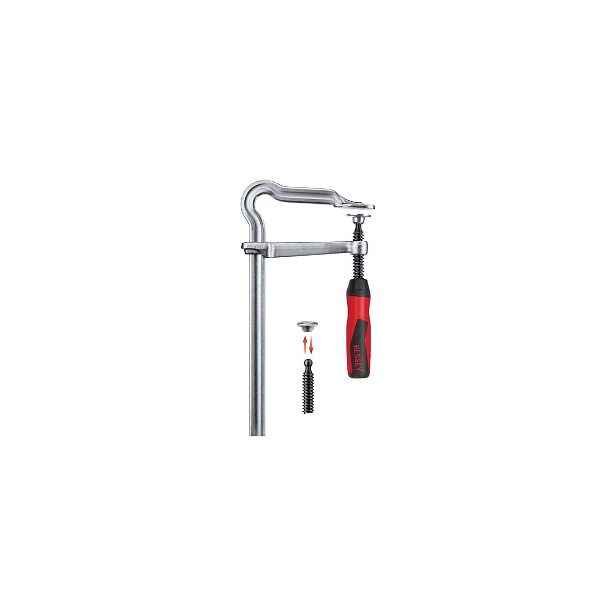 Serre-joint métallique avec poignée rouge. Des pièces individuelles sont présentées à côté.