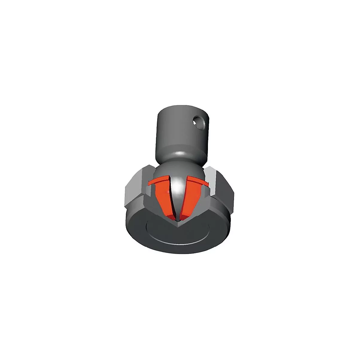 Coupe transversale d'une rotule. Pièces métalliques grises avec insert orange. La rotule est visible à l'intérieur.