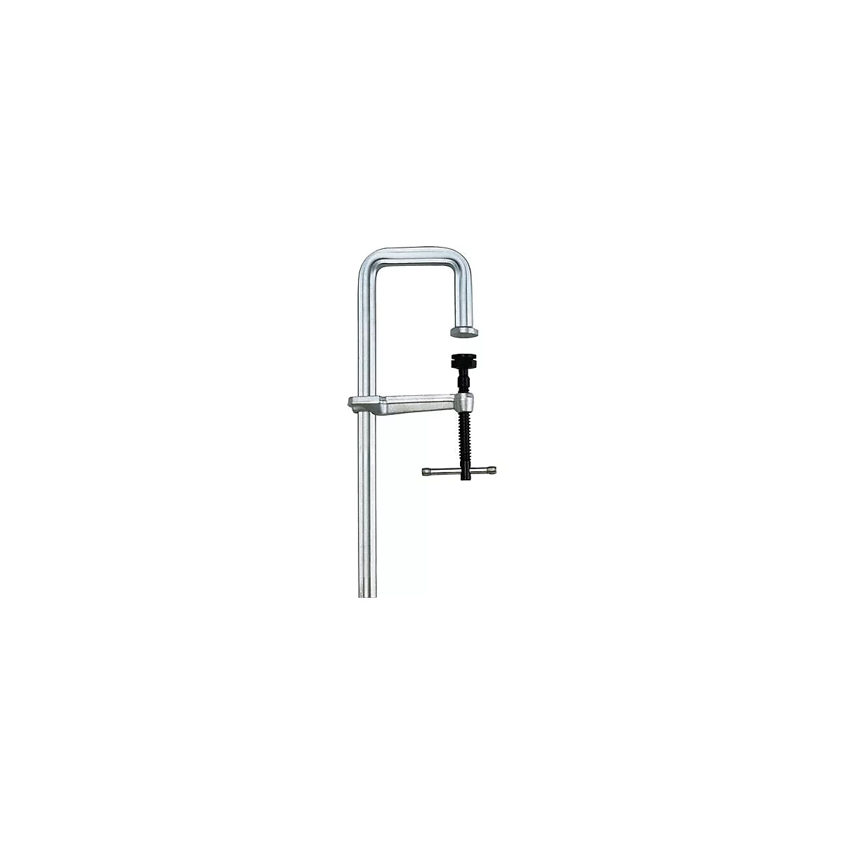 Serre-joint en métal, avec poignée rotative noire et broche pour serrer les pièces.