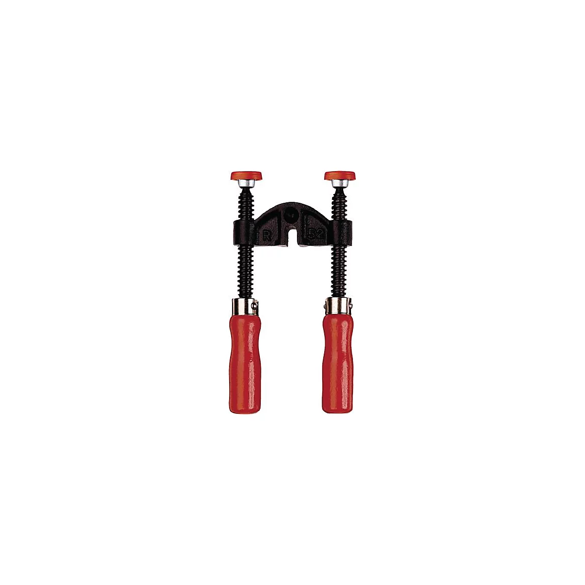 Serre-joint noir avec poignée rouge et capuchon à vis rouge. Le cadre porte la mention "R 52".