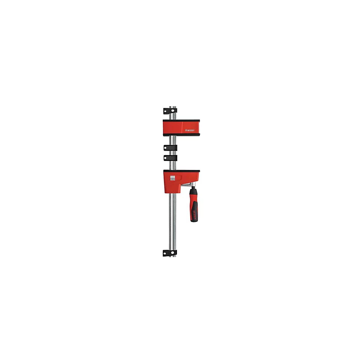 Serre-joint Bessey rouge avec base noire. La poignée est également rouge avec un insert noir.