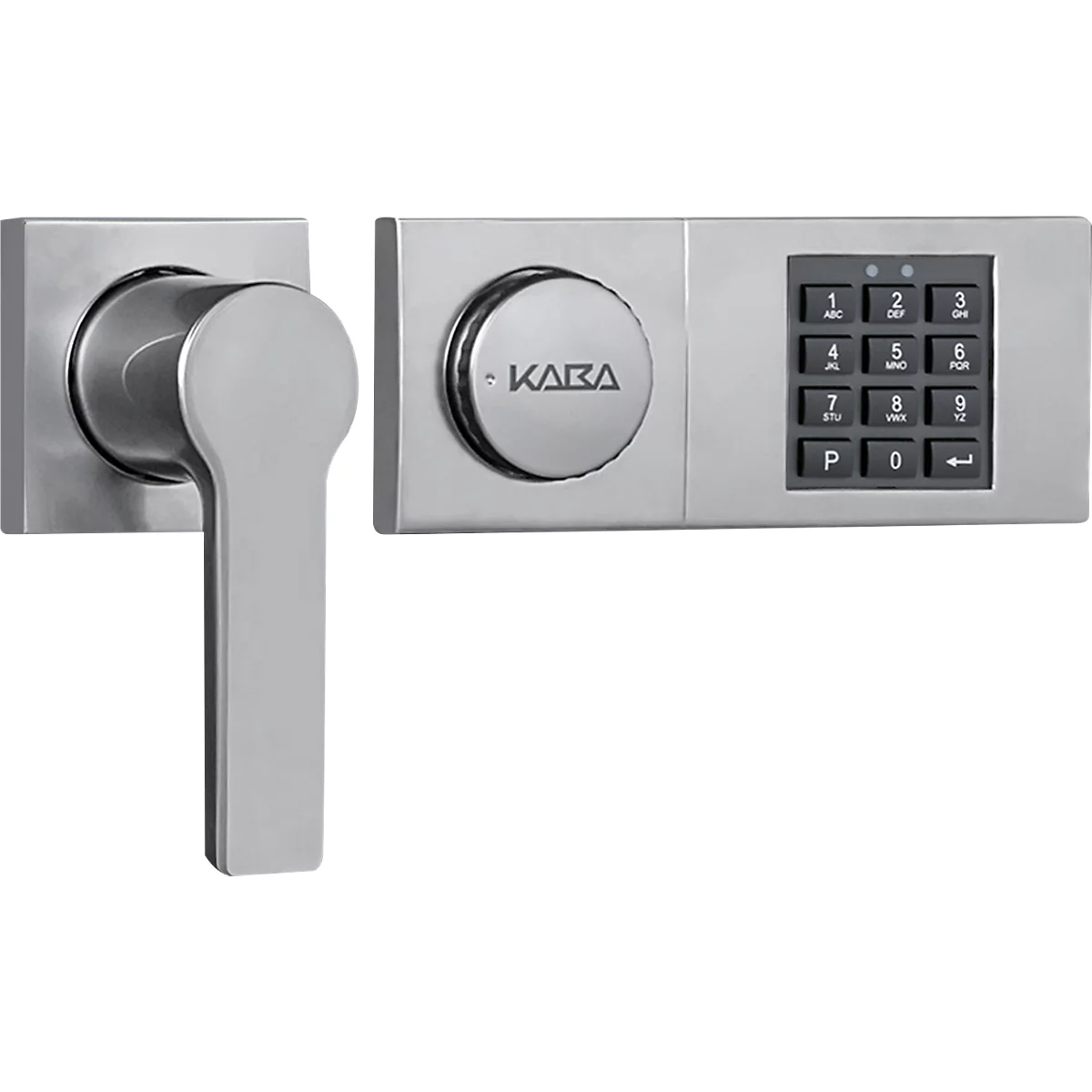 Poignée de porte argentée avec pavé numérique et bouton rotatif avec inscription "KARA".