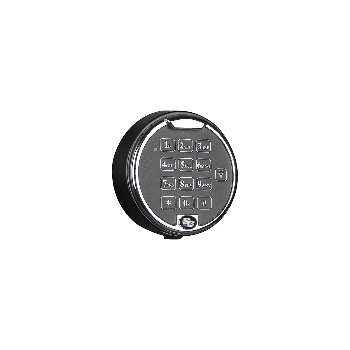 Clavier rond noir avec touches et chiffres éclairés. Lunette argentée. Comprend des lettres sur les touches numériques et un symbole de lumière.