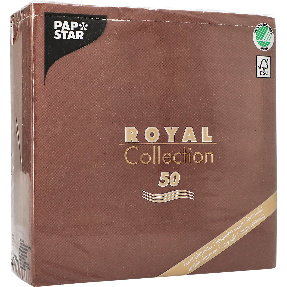 Servetten Papstar Royal Collection, 5 x 50 stuks, 1/4 vouw, stoflook, 400 x 400 mm, papier, bruin