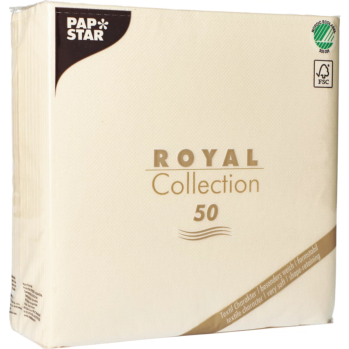 Servetten Papstar Royal Collection, 5 x 50 stuks, 1/4 vouw, stoflook, 400 x 400 mm, papier, champagne