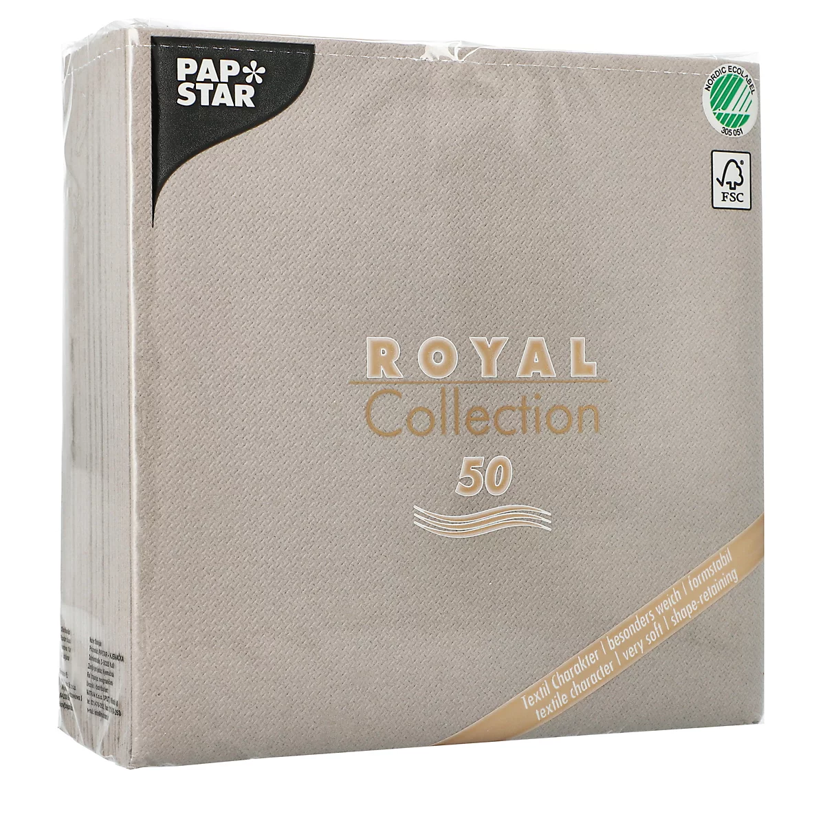 Servetten Papstar Royal Collection, 5 x 50 stuks, 1/4 vouw, stoflook, 400 x 400 mm, papier, grijs