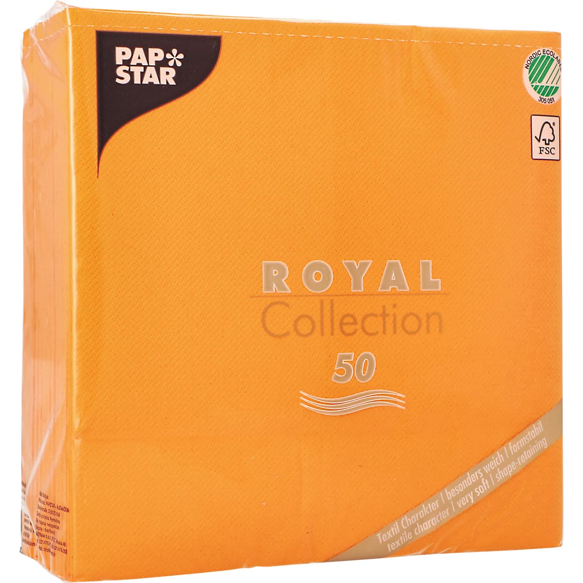 Servetten Papstar Royal Collection, 5 x 50 stuks, 1/4 vouw, stoflook, 400 x 400 mm, papier, oranje