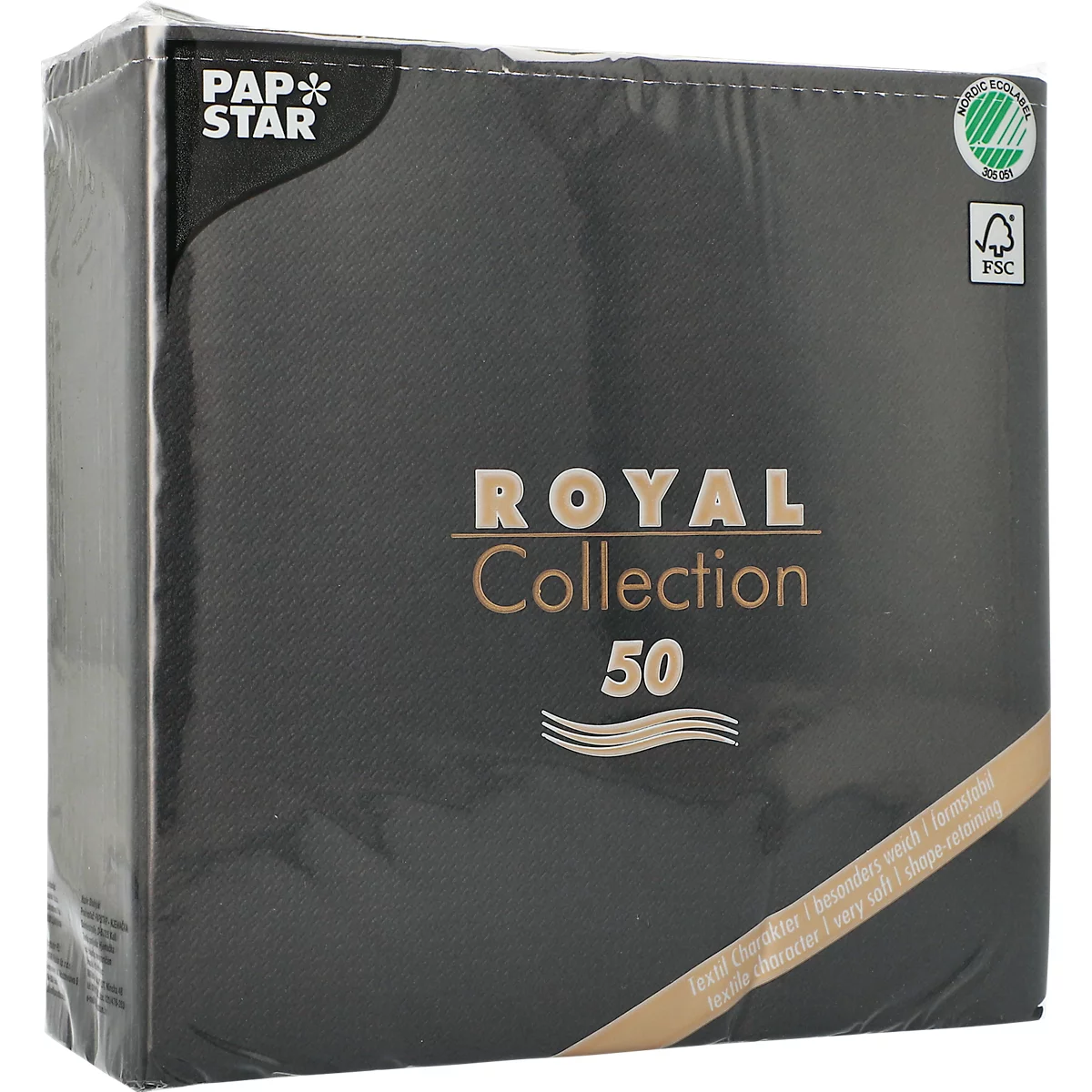 Servetten Papstar Royal Collection, 5 x 50 stuks, 1/4 vouw, stoflook, 400 x 400 mm, papier, zwart