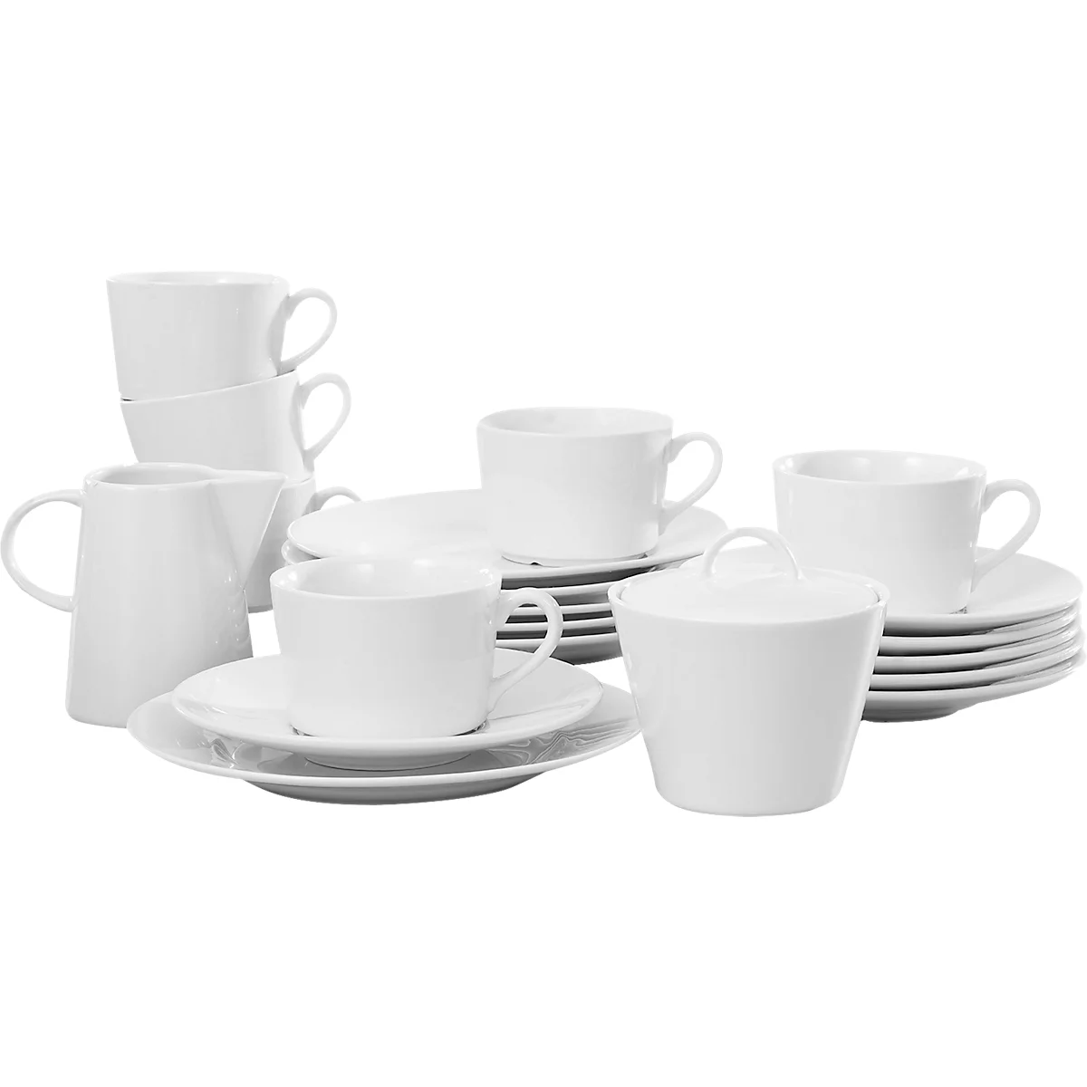 Service à café en porcelaine blanche avec tasses, soucoupes, pot à lait et sucrier.