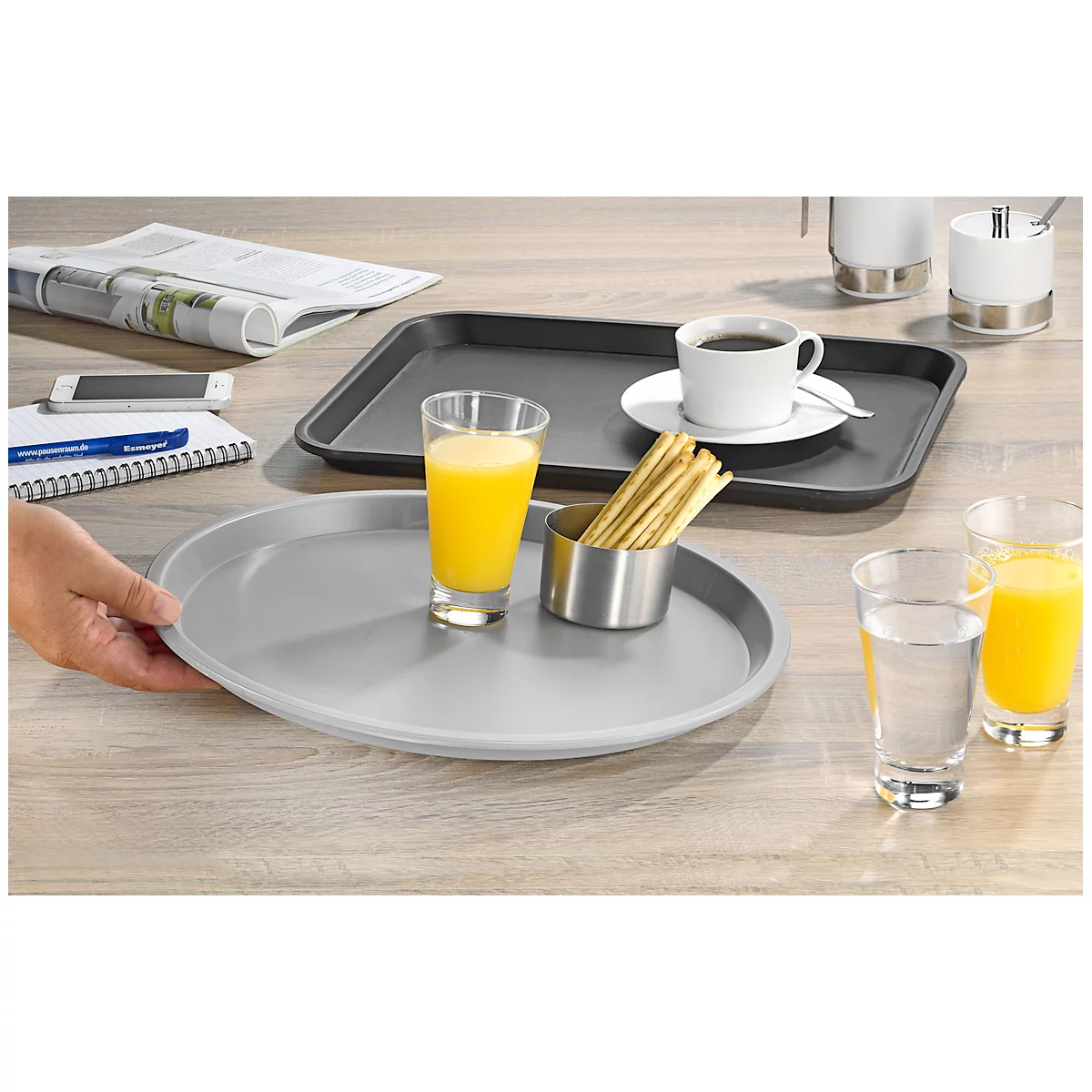 Serviertablett Esmeyer® OHIO, Kunststoff, gummierte Oberfläche, stapelbar, spülmaschinengeeignet, B 415 x T 305 x H 20 mm, Kunststoff, schwarz