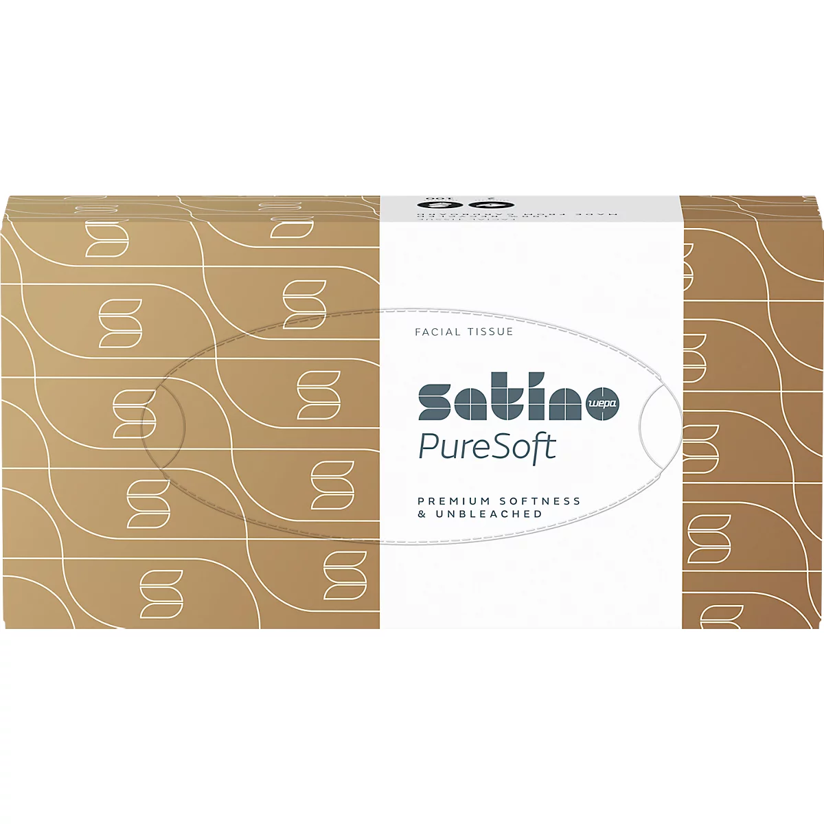 Boîte rectangulaire de mouchoirs en papier marron à motifs blancs avec une bande centrale blanche portant le logo Satino PureSoft.