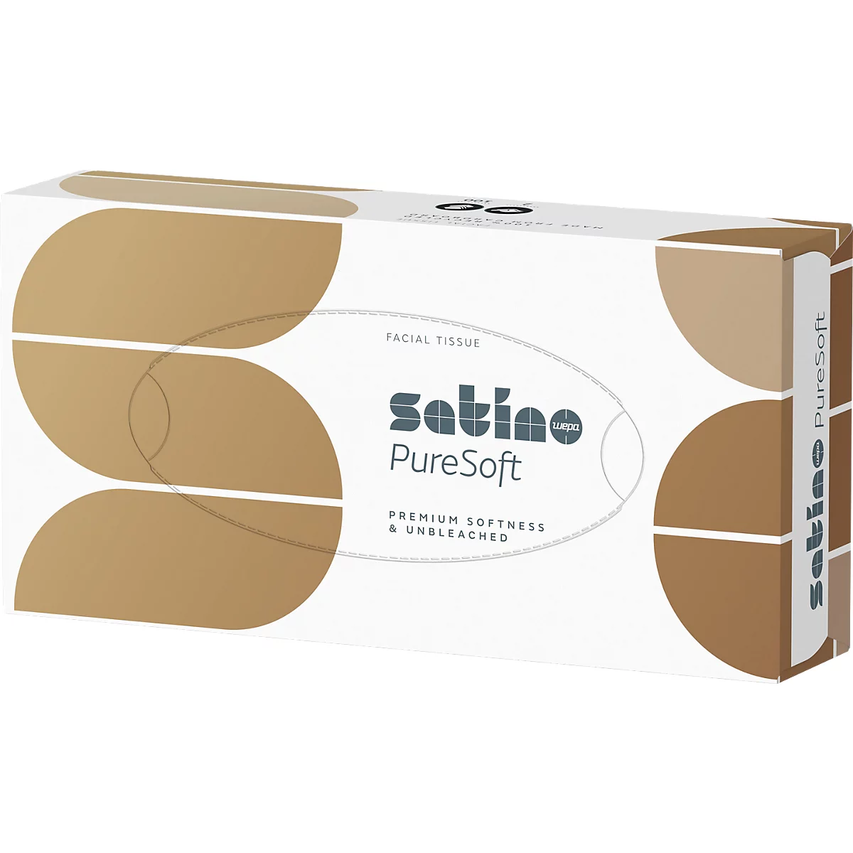 Boîte de mouchoirs Satino PureSoft, blanche avec des accents bruns. Impression : "Premium Softness & Unbleached".