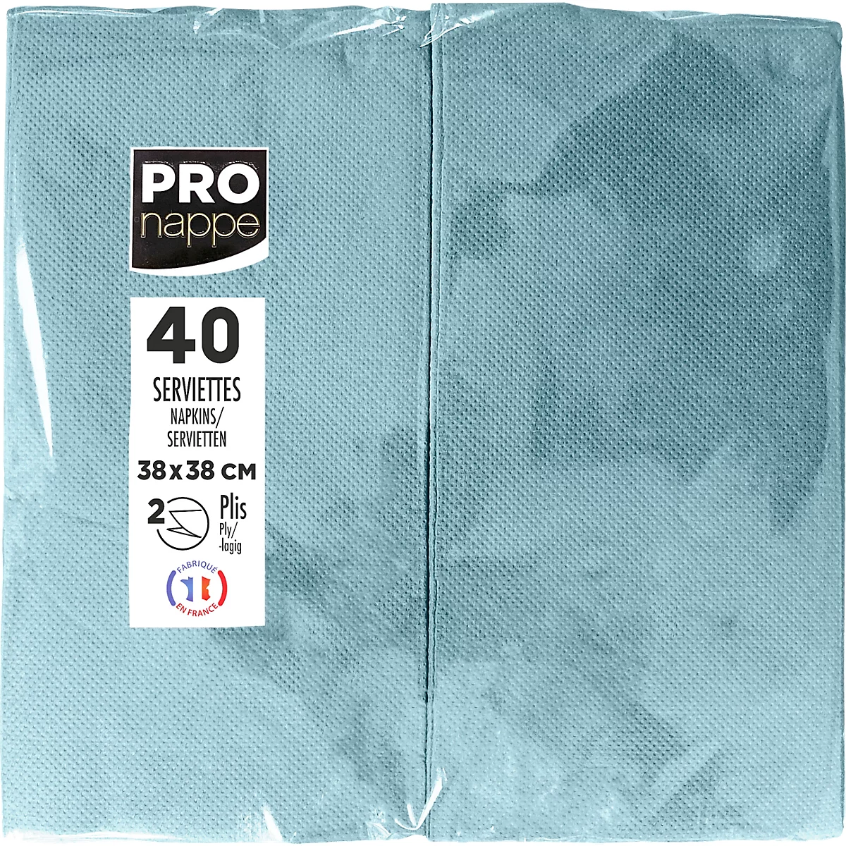 Paquet de serviettes bleu clair. Imprimé avec "PRO nappe", "40 Serviettes", taille et "plié 2 fois".