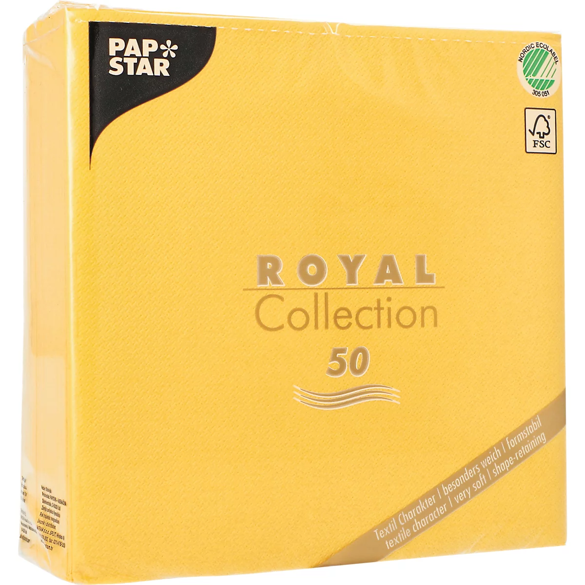 Serviettes Papstar Royal Collection, 5 x 50 pièces, 1/4 de pli, aspect tissu, 400 x 400 mm, papier, jaune