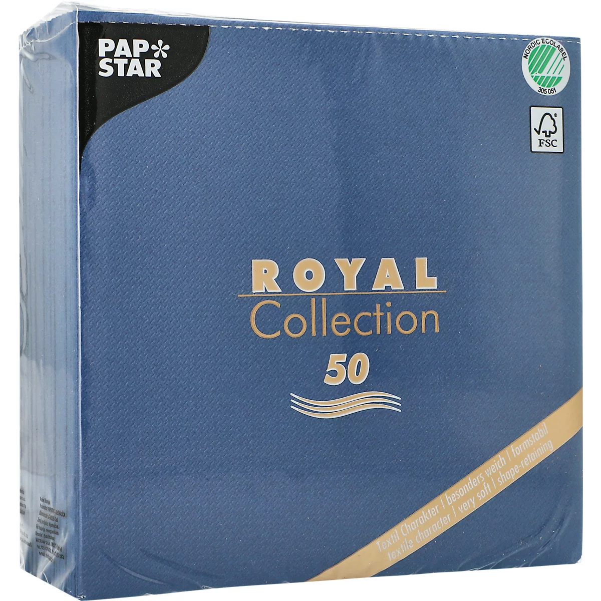 Serviettes Papstar Royal Collection, 5 x 50 pièces, 1/4-pli, aspect tissu, 400 x 400 mm, papier, bleu foncé