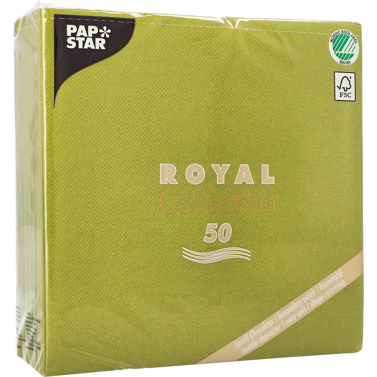 Serviettes Papstar Royal Collection, 5 x 50 pièces, 1/4-plié, aspect tissu, 400 x 400 mm, papier, vert olive