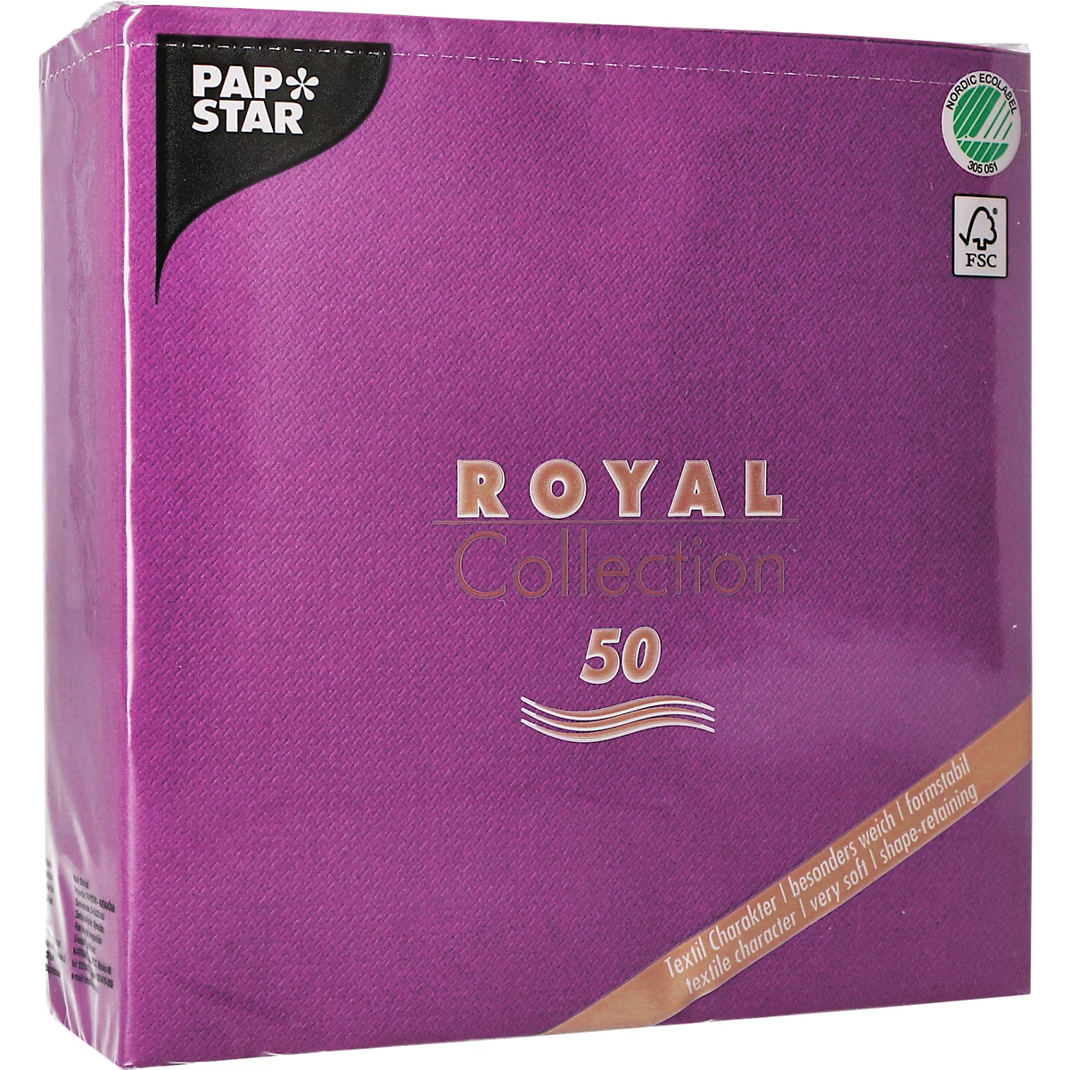 Serviettes Papstar Royal Collection, 5 x 50 pièces, 1/4-plié, aspect tissu, 400 x 400 mm, papier, violet