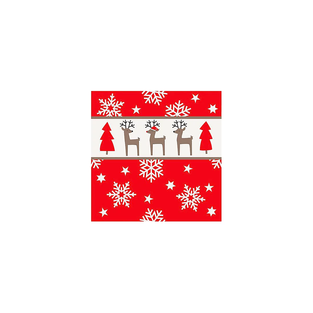 Motif avec des rennes, des sapins de Noël, des flocons de neige et des étoiles sur fond rouge.