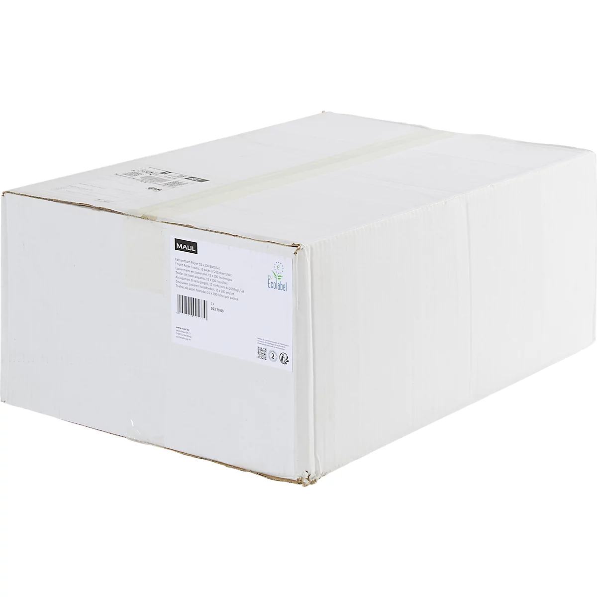 Grand carton blanc avec autocollant. La boîte est représentée en légère biais.