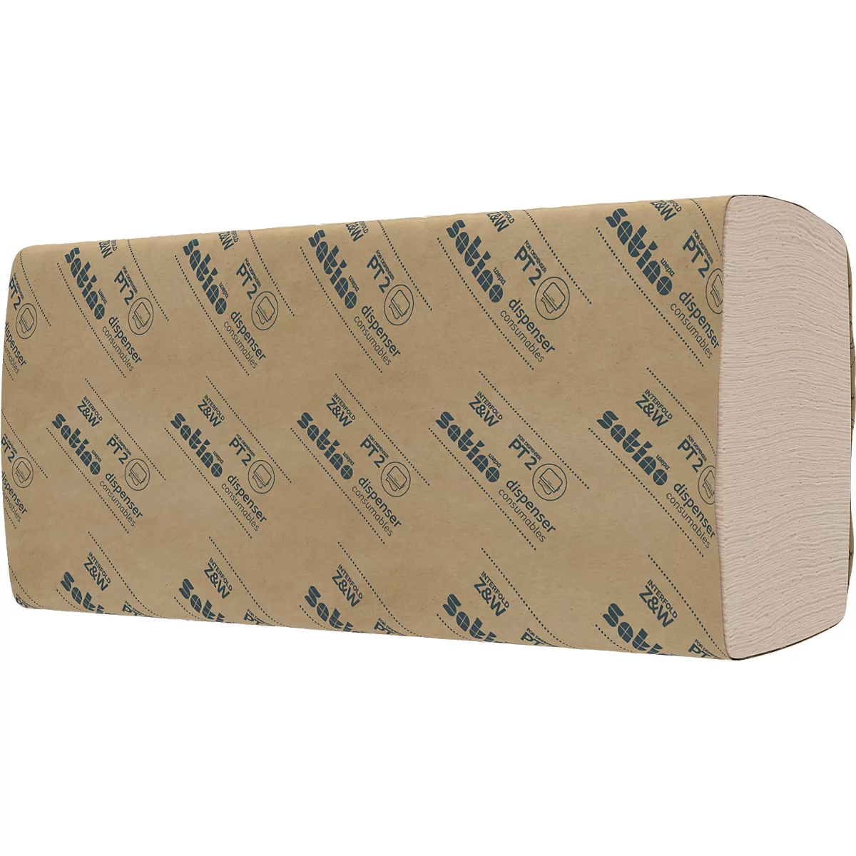 Un paquet d'essuie-mains en papier avec impression. Forme rectangulaire, recouvert de papier imprimé, inscription 'Satino'.