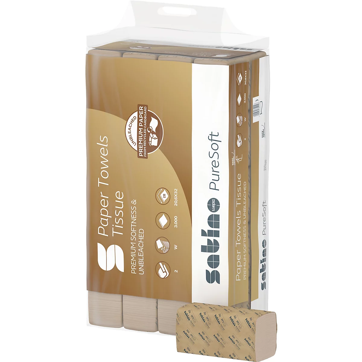 Essuie-tout de la marque Satino PureSoft dans son emballage et une seule pile à côté.