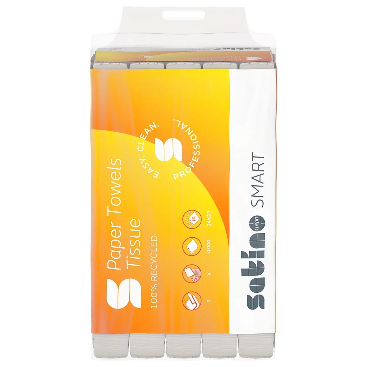 Paquet de serviettes en papier avec un design jaune-orange. Impression : "Paper Towels Tissue", "100% Recycled", "Easy. Clean. Professional."