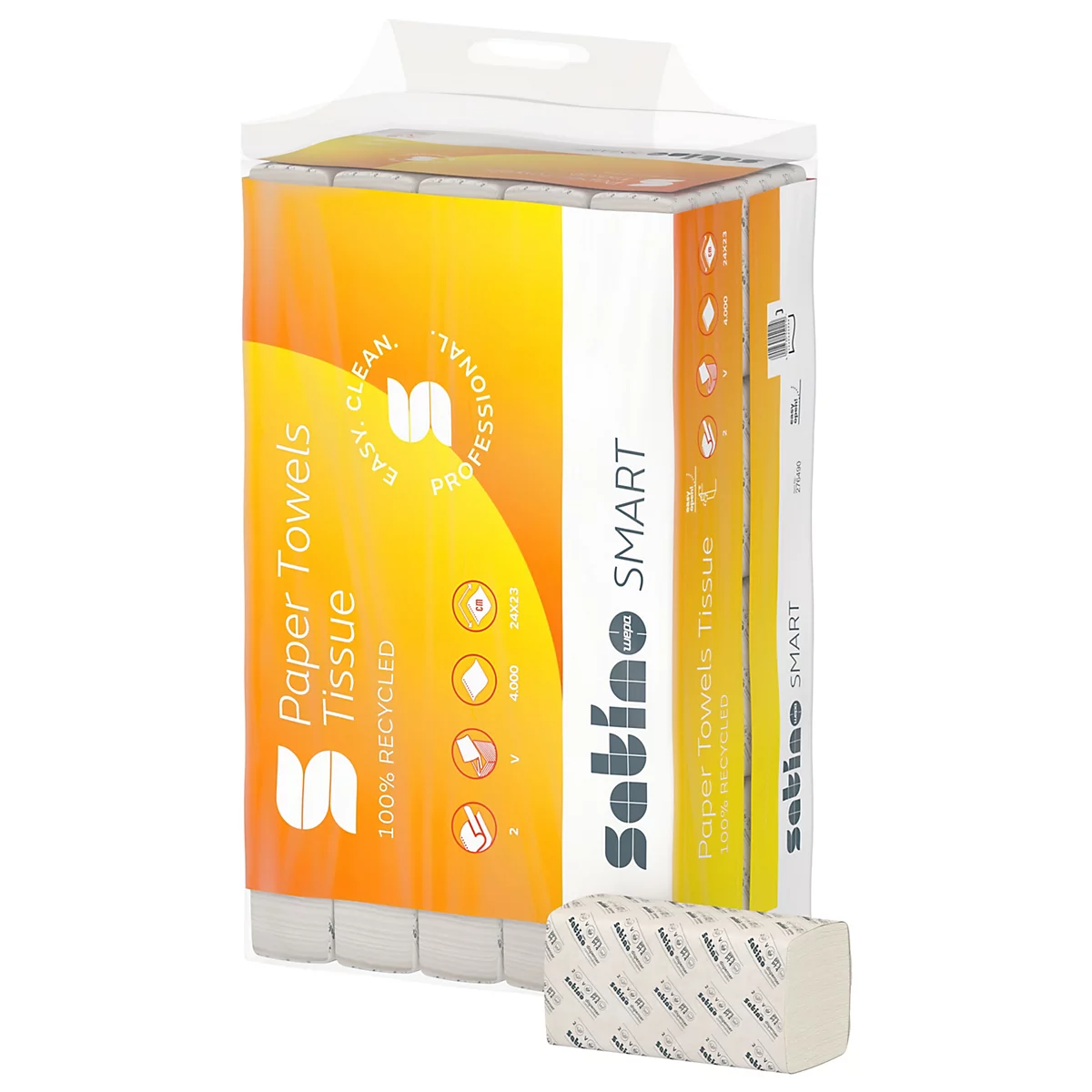 Un paquet d'essuie-mains avec l'inscription "Satino Smart", emballage jaune et blanc.