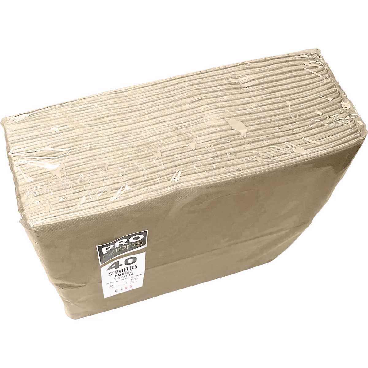 Une pile de serviettes en papier emballées. L'emballage indique "PRO Pappe" et "40 Servetten."