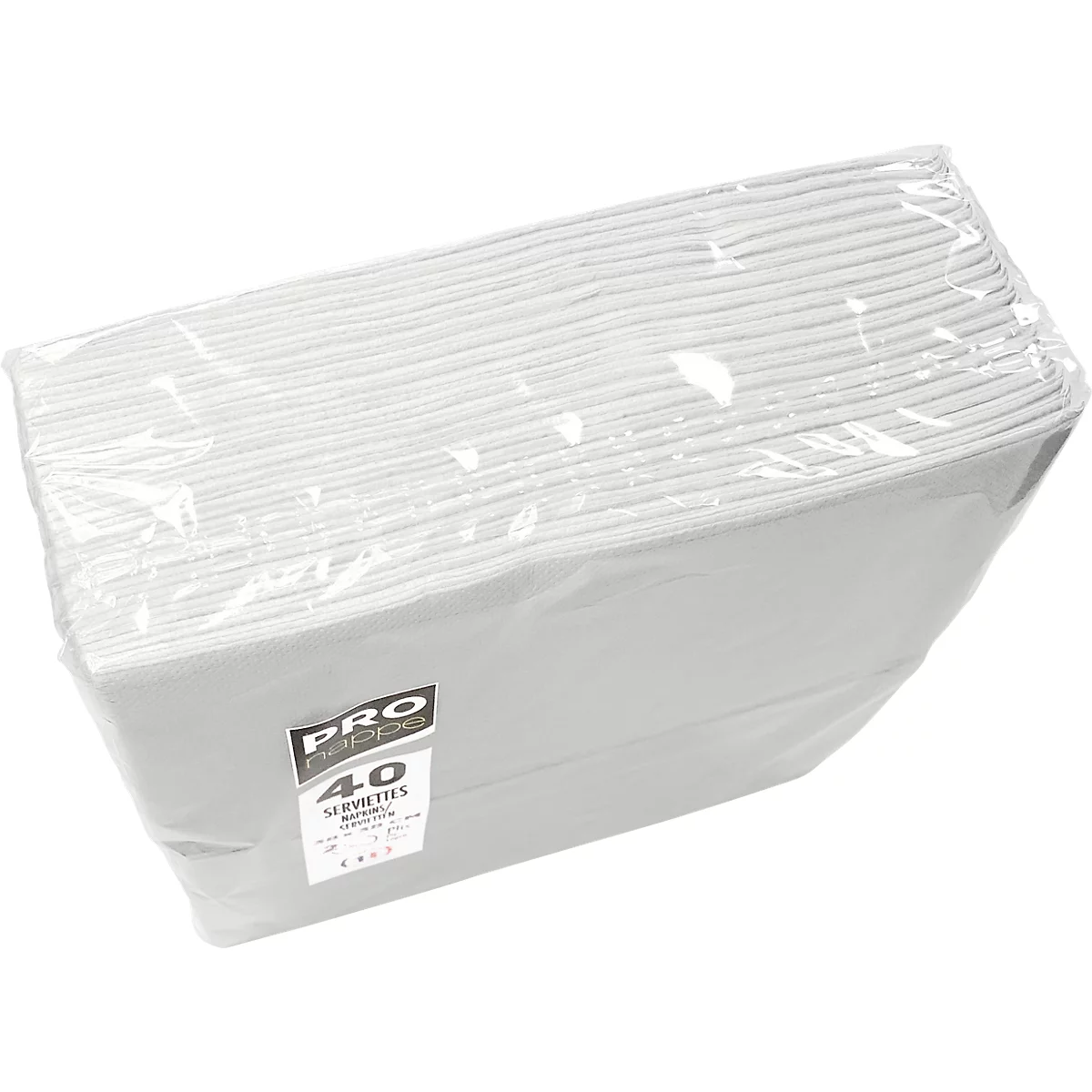 Un paquet de serviettes blanches, enveloppé dans du film plastique. L'étiquette indique "PRO Delappe 40 Serviettes".